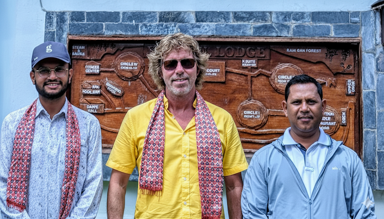 Menno and Santosh with Mr. Kaushal Kumar Singh, GM of Fishtail Lodge in Pokhara, a landmark of Luxury Travel in Nepal.